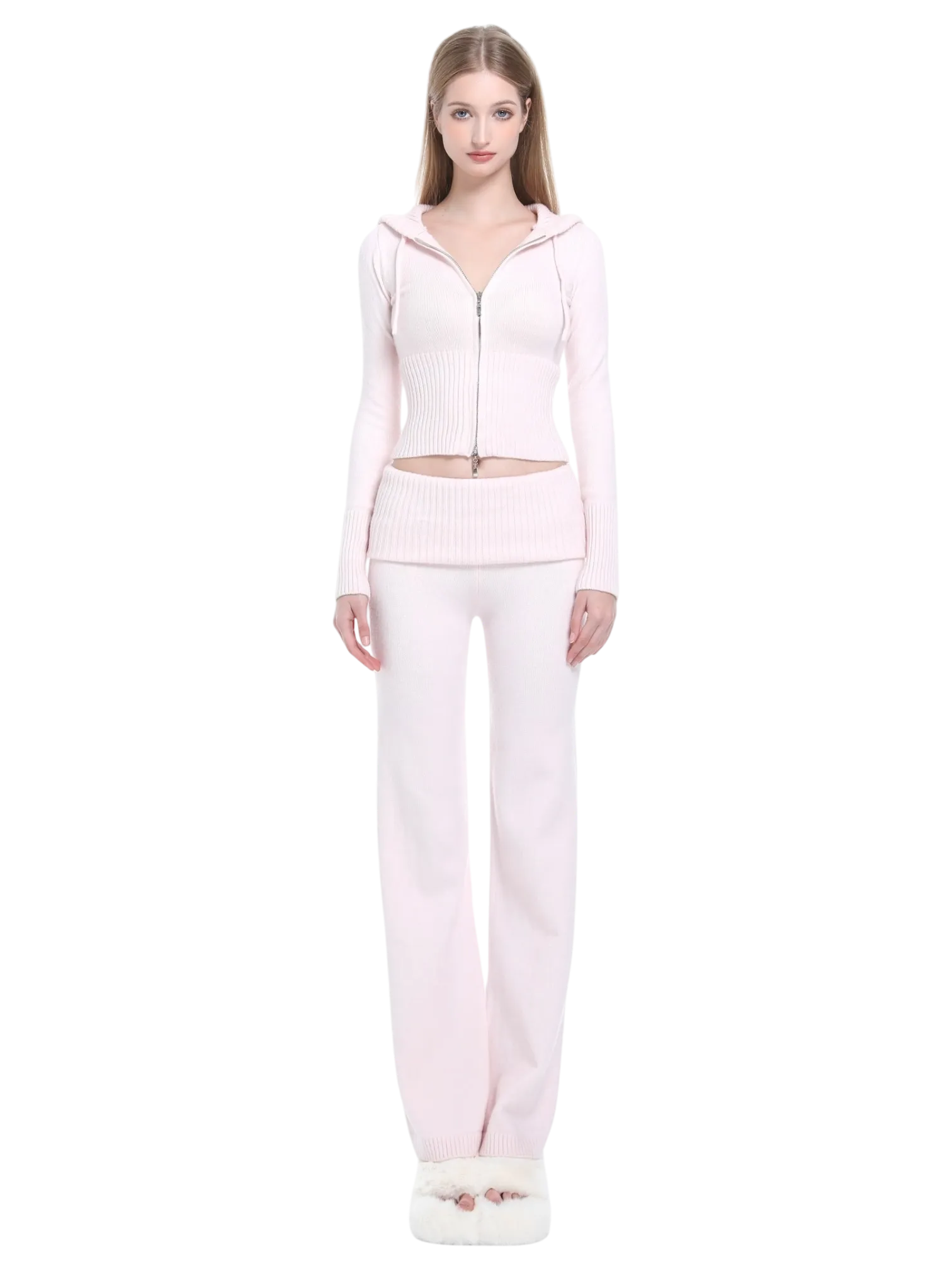 That Girl Rib Knit Fold Over Straight Leg Pants (Baby Pink)