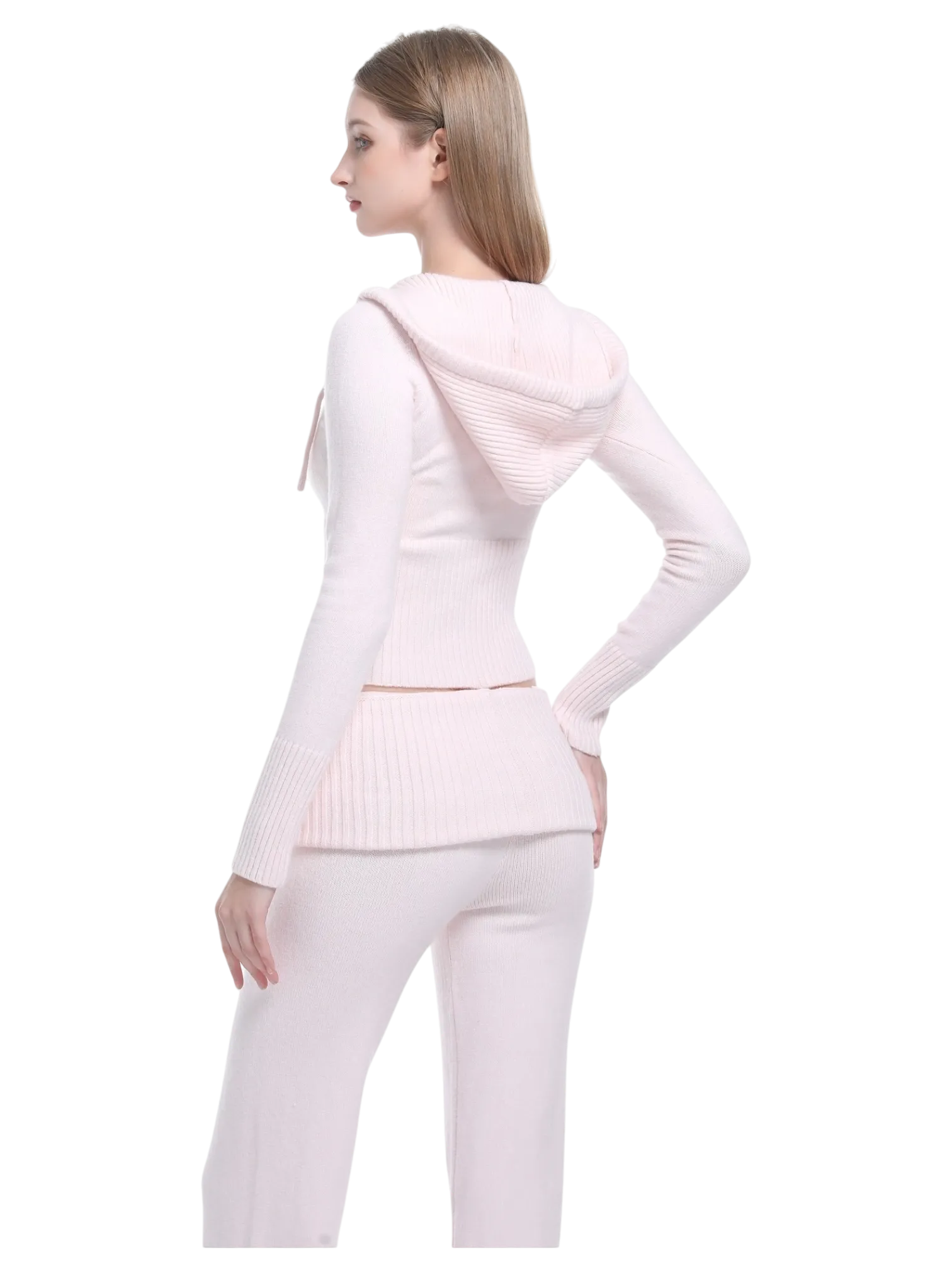 That Girl Rib Knit Fold Over Straight Leg Pants (Baby Pink)