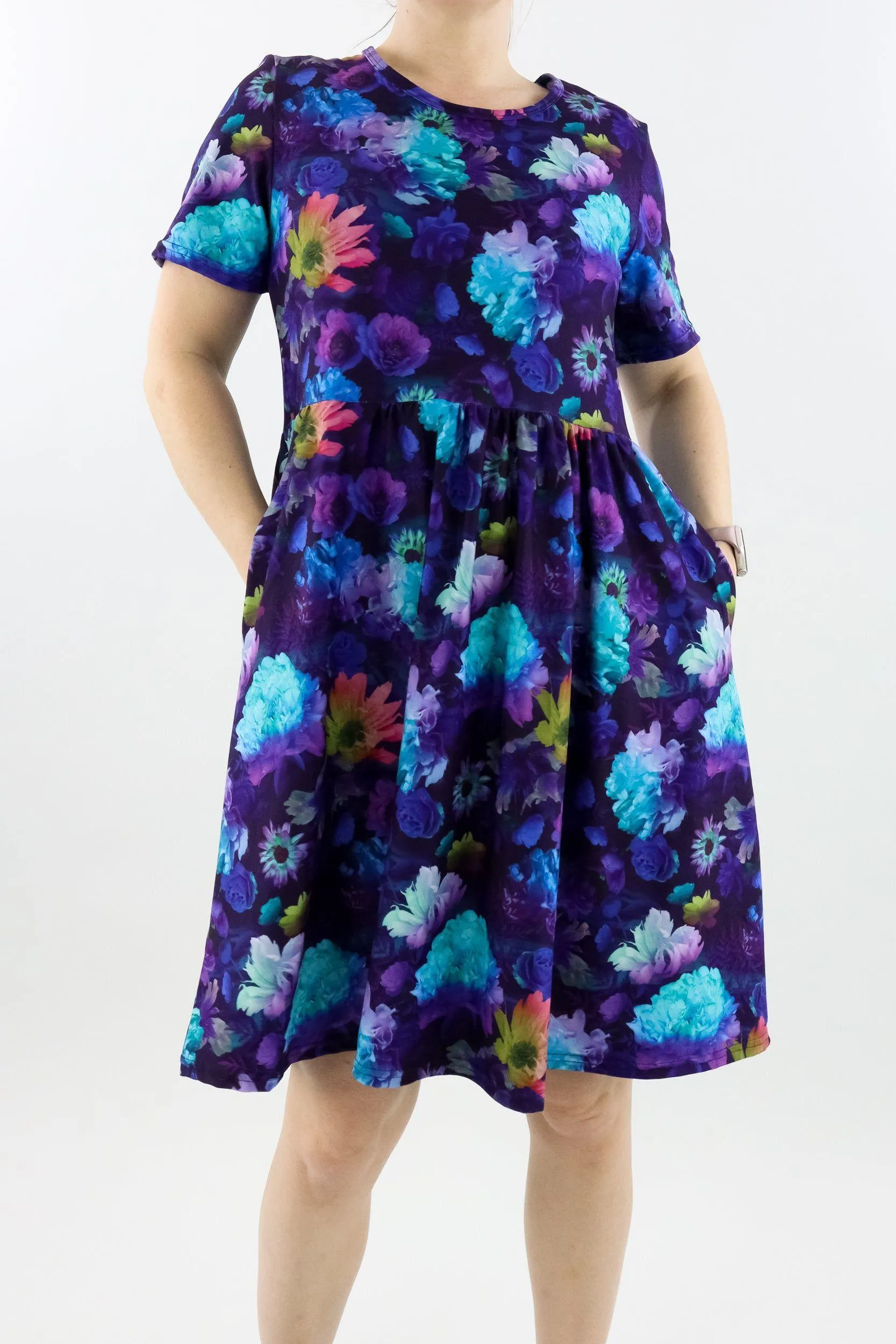 Tranquility Flora - Short Sleeve Skater Dress - Knee Length - Side Pockets