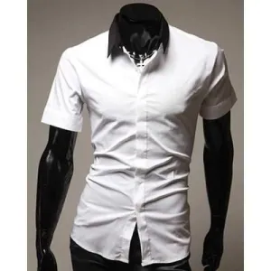 Turn-Down Collar Color Block Splicing Short Sleeve Slim Fit Men's Shirt - White L