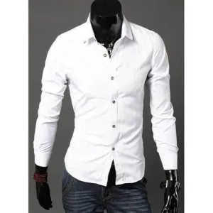 Turn-Down Collar Metal Detail Long Sleeve Simple Shirt For Men - White Xl