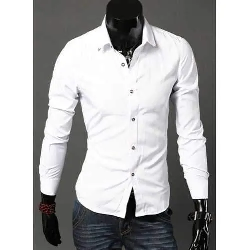Turn-Down Collar Metal Detail Long Sleeve Simple Shirt For Men - White Xl