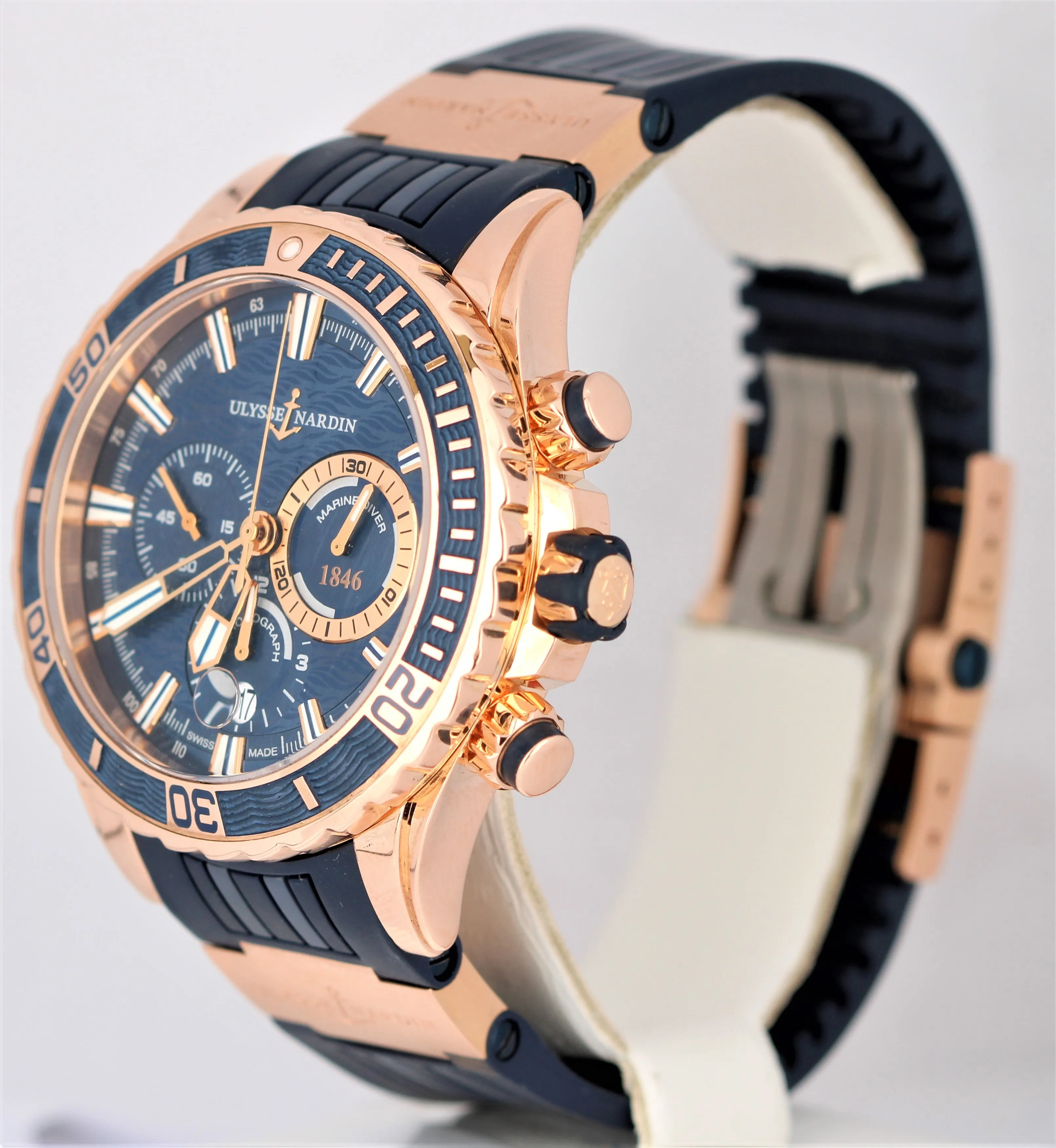 Ulysse Nardin Diver Chronograph 18k Rose Gold Blue 44mm Rubber 1502-151 Watch
