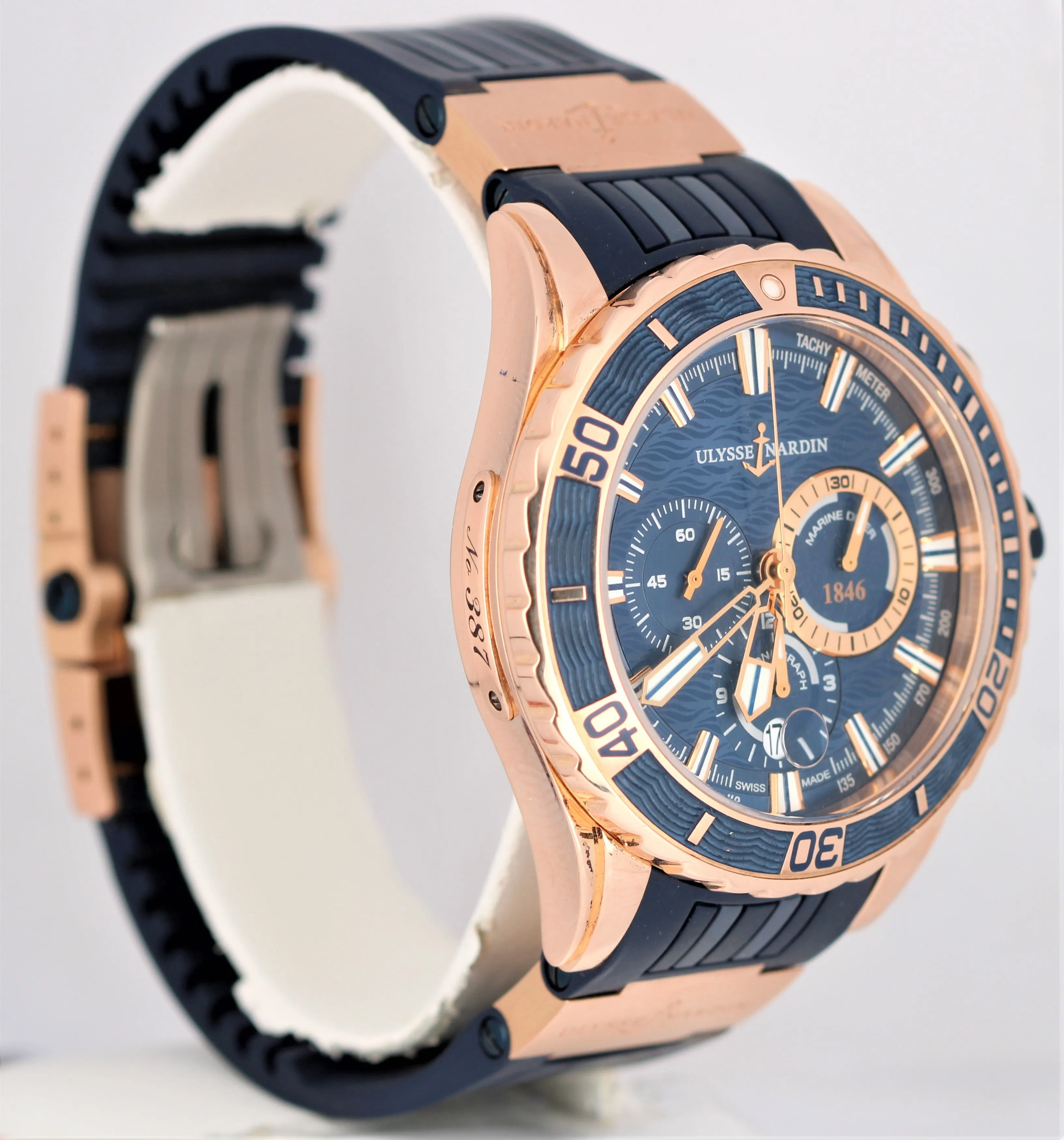 Ulysse Nardin Diver Chronograph 18k Rose Gold Blue 44mm Rubber 1502-151 Watch