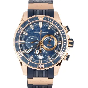 Ulysse Nardin Diver Chronograph 18k Rose Gold Blue 44mm Rubber 1502-151 Watch