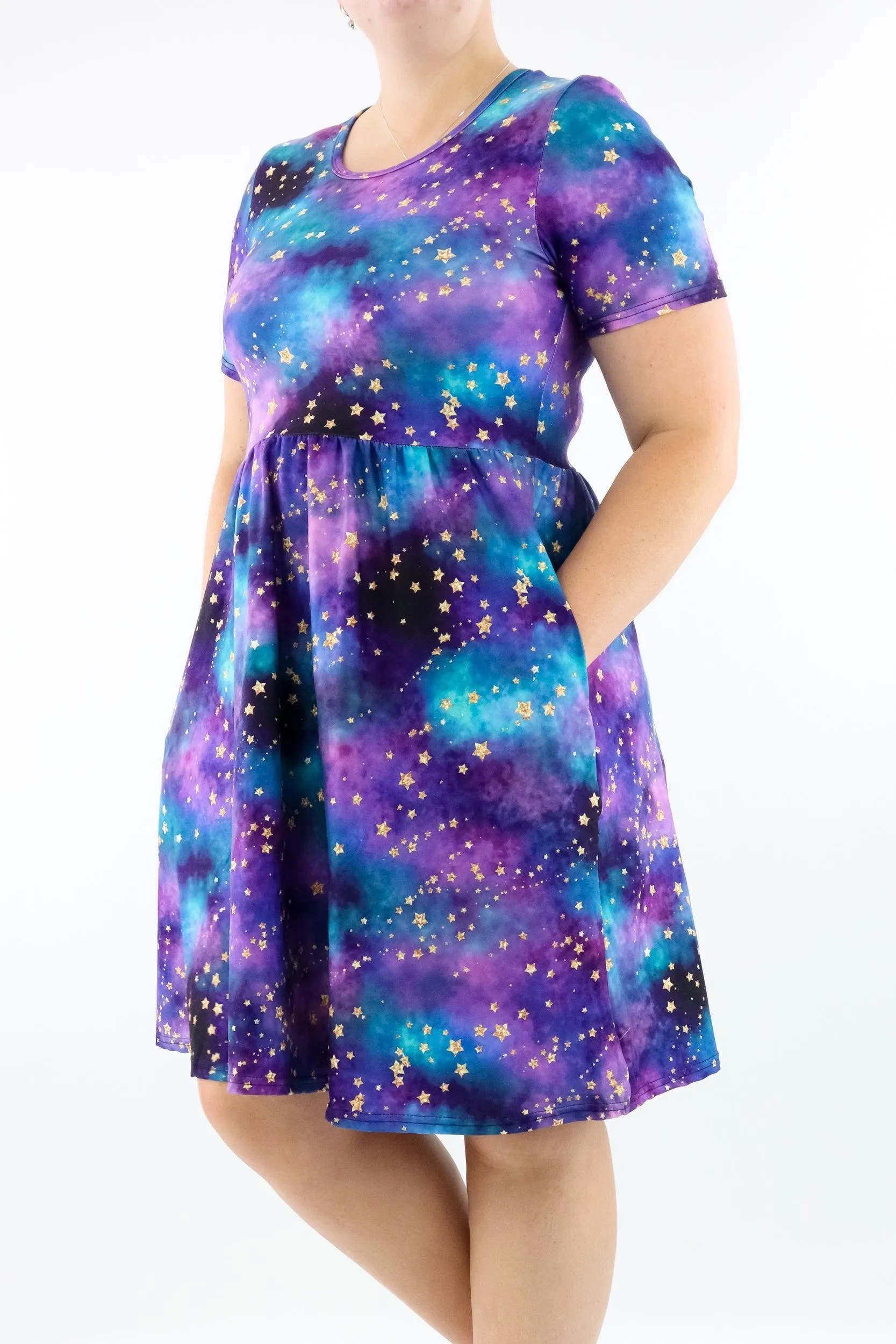 Universe Shimmer - Short Sleeve Skater Dress - Knee Length - Side Pockets
