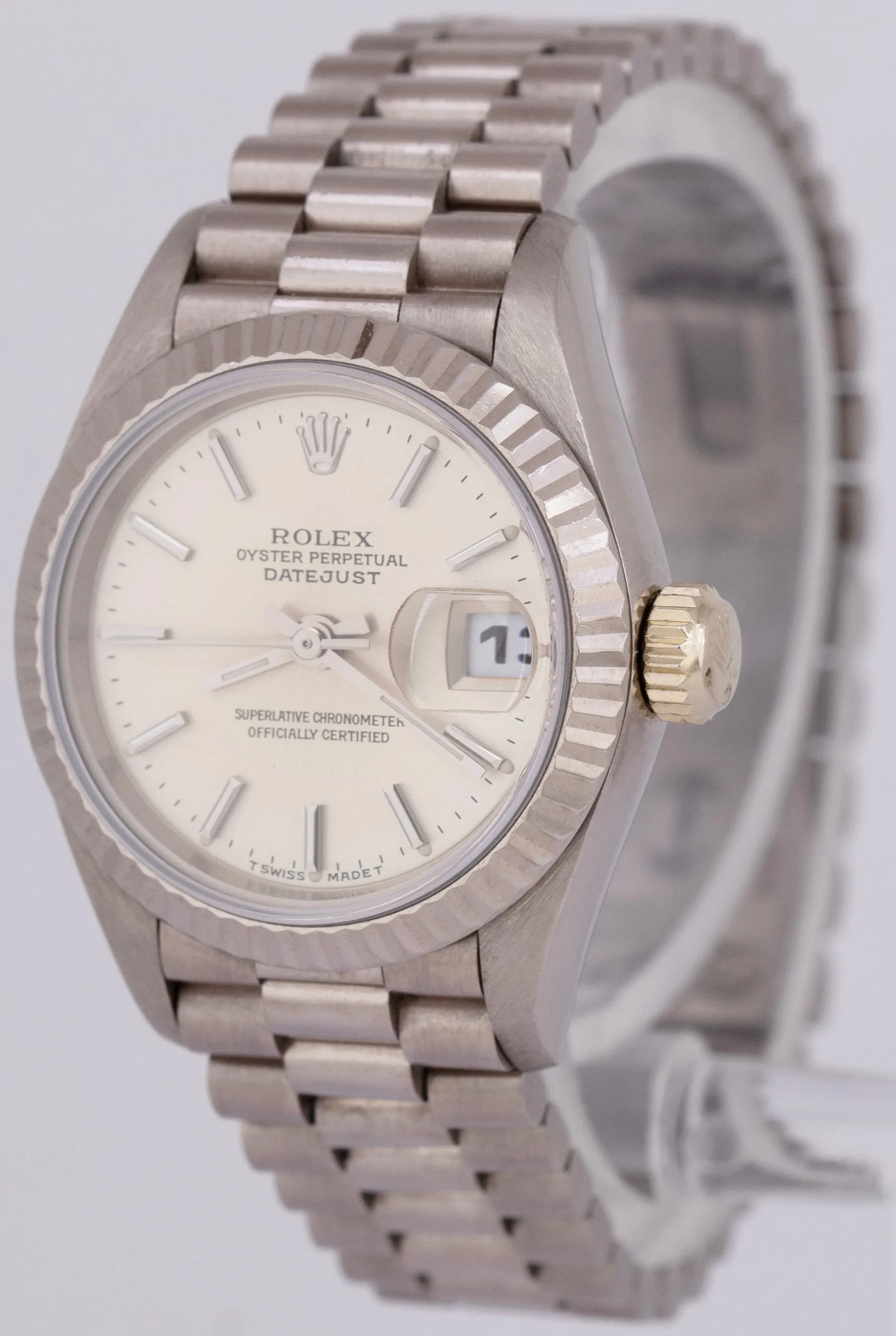 UNPOLISHED Rolex DateJust 26mm Silver President 18K White Gold Watch 69179