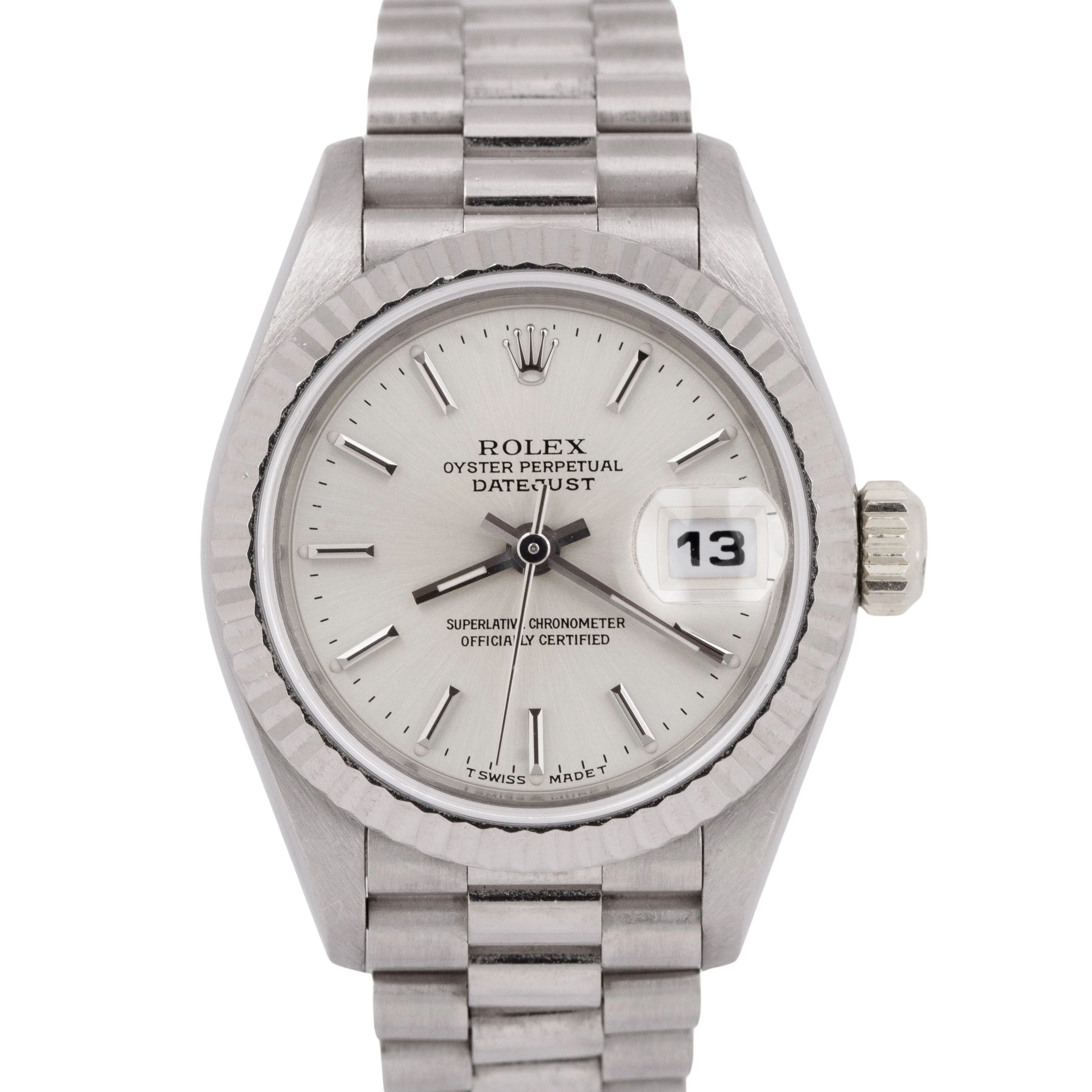 UNPOLISHED Rolex DateJust 26mm Silver President 18K White Gold Watch 69179