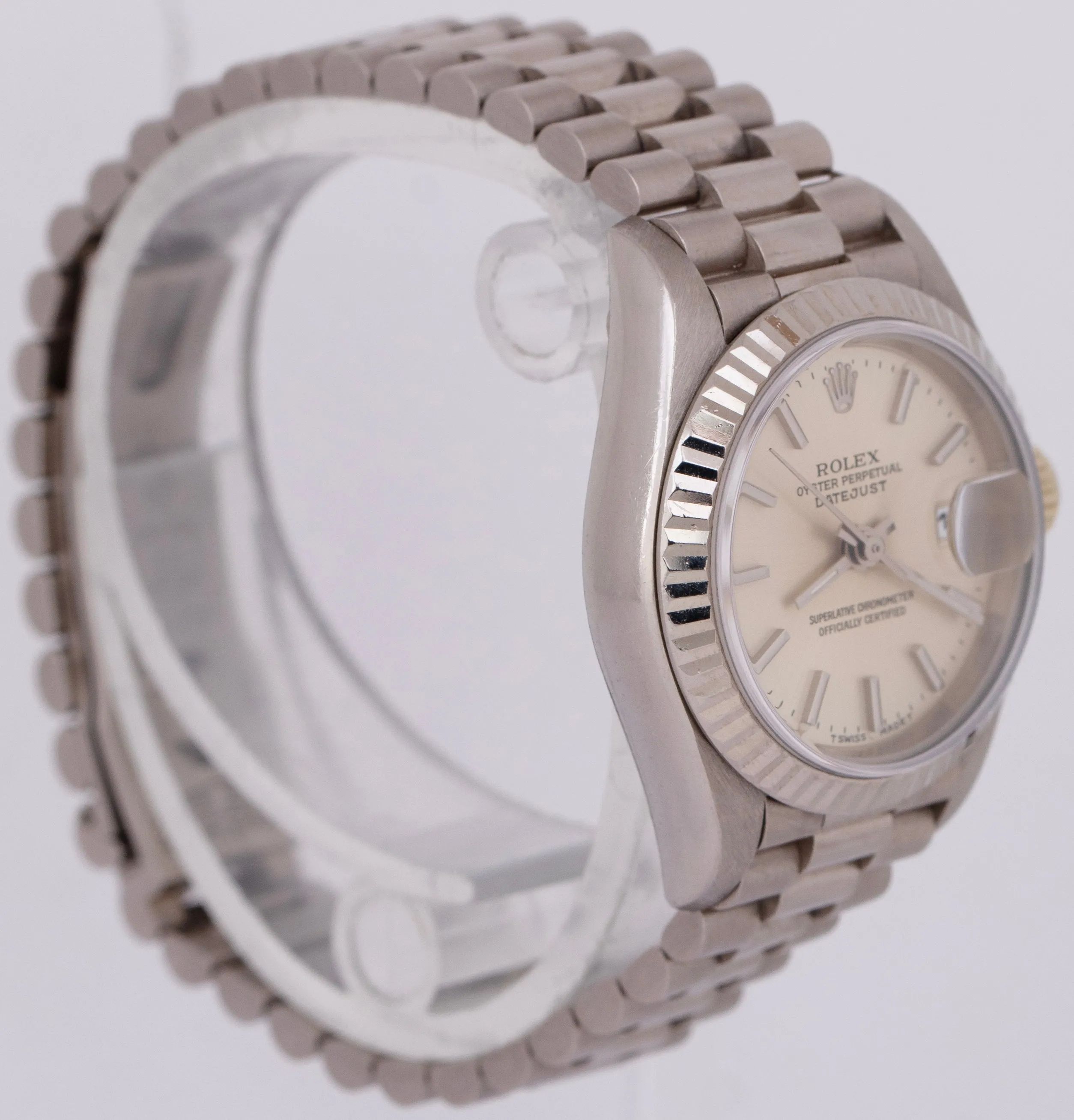 UNPOLISHED Rolex DateJust 26mm Silver President 18K White Gold Watch 69179