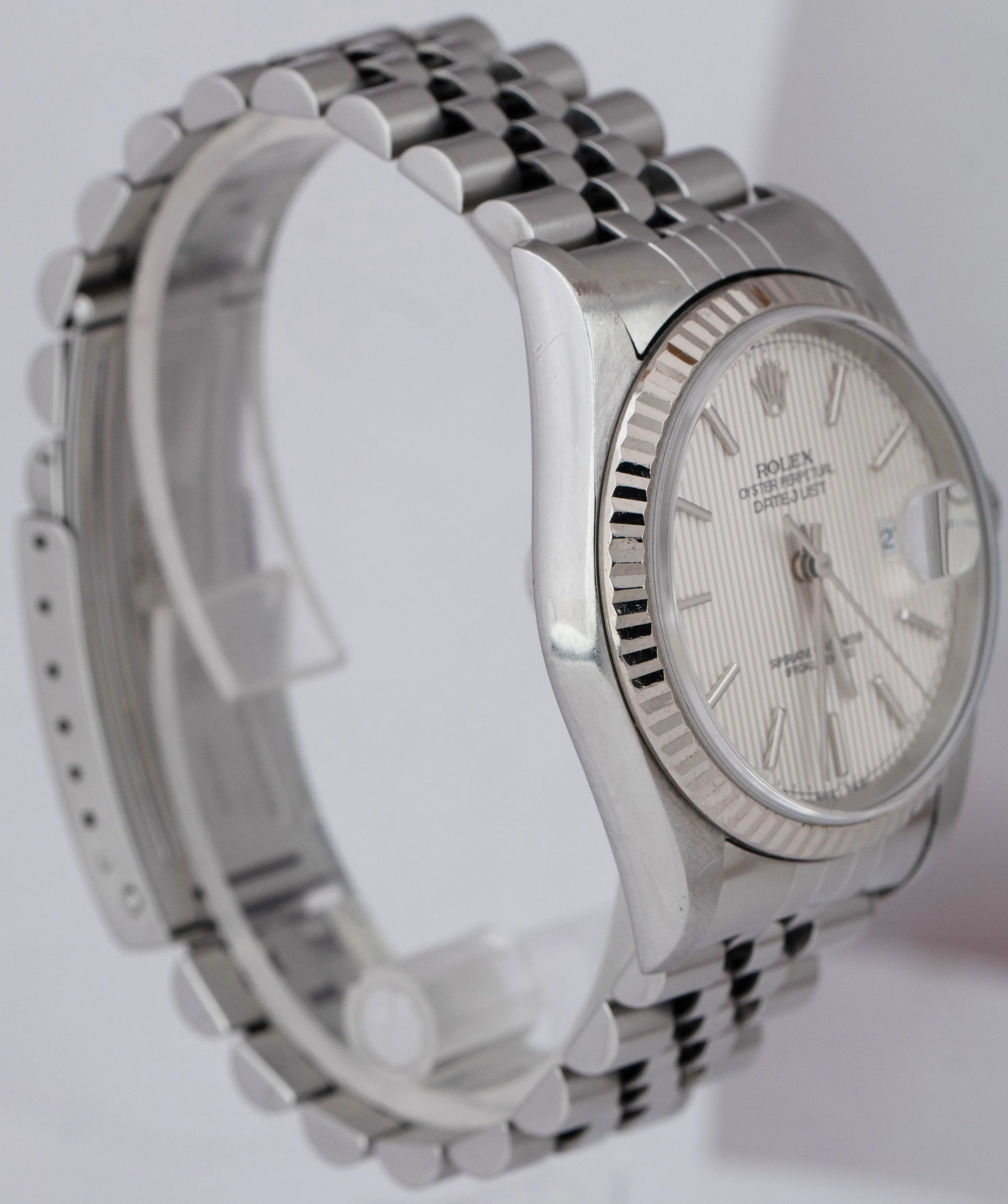 UNPOLISHED Rolex DateJust 36mm Silver TAPESTRY Steel NO-HOLES Case Watch 16234
