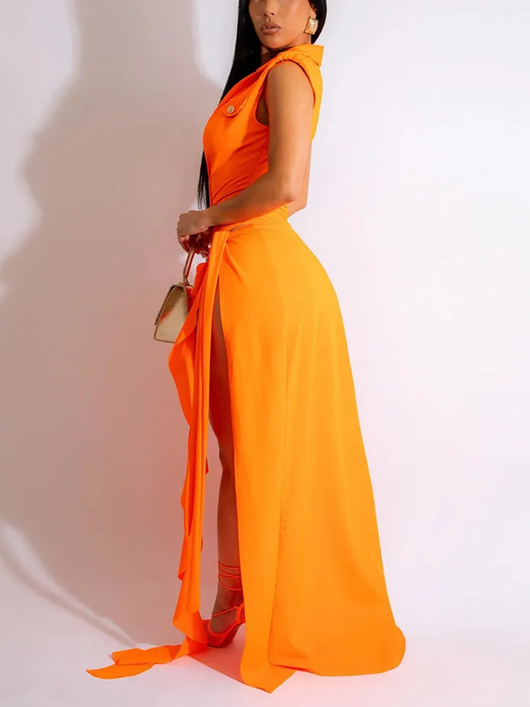 V-neck Sleeveless Bodysuit ï¼?Wrap Skirt Set