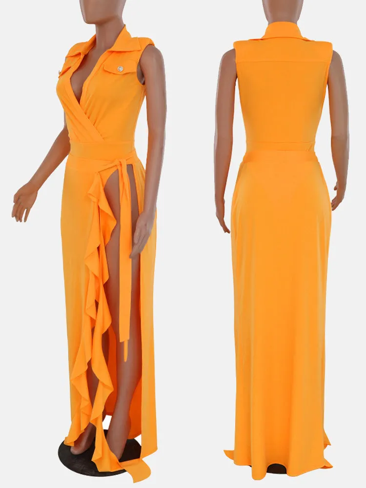 V-neck Sleeveless Bodysuit ï¼?Wrap Skirt Set