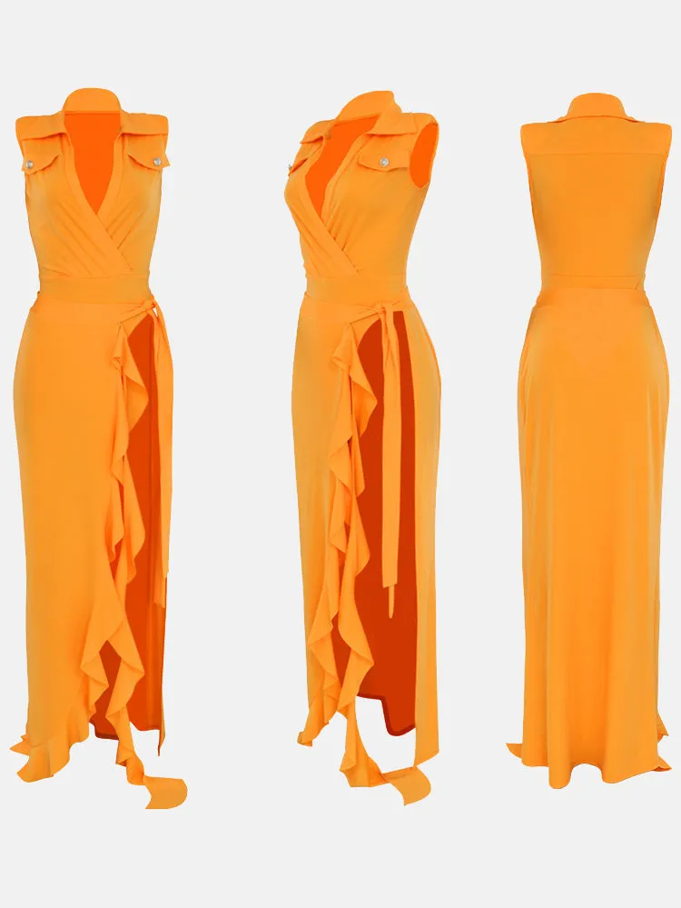 V-neck Sleeveless Bodysuit ï¼?Wrap Skirt Set