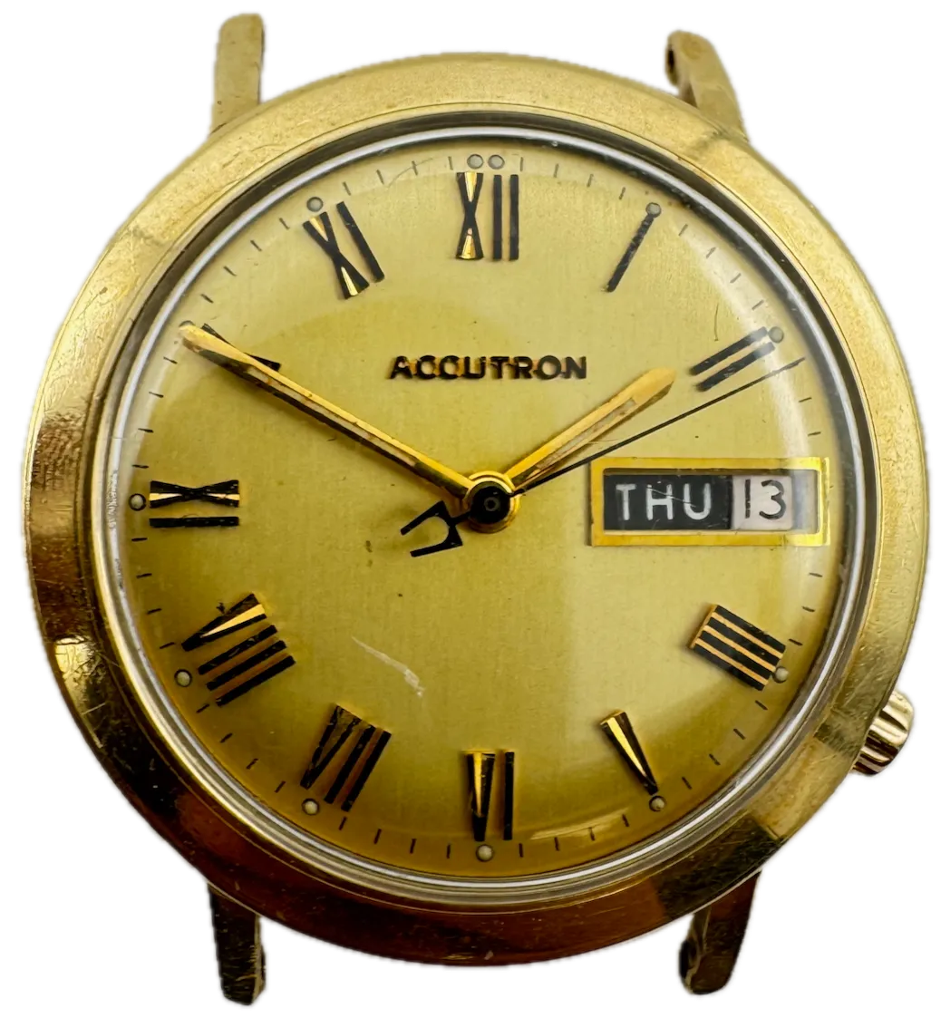 Vintage 35mm 1970 Accutron Yellow Roman Men's Tuning Fork Wristwatch 218 14k GF
