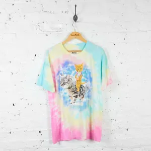 Vintage Tie Dye Cat Unicorn T-shirt - Yellow/Pink - XL