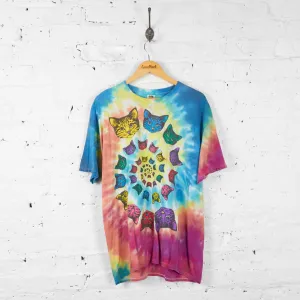 Vintage Tie Dye Cats T-shirt - Blue/Pink - XL