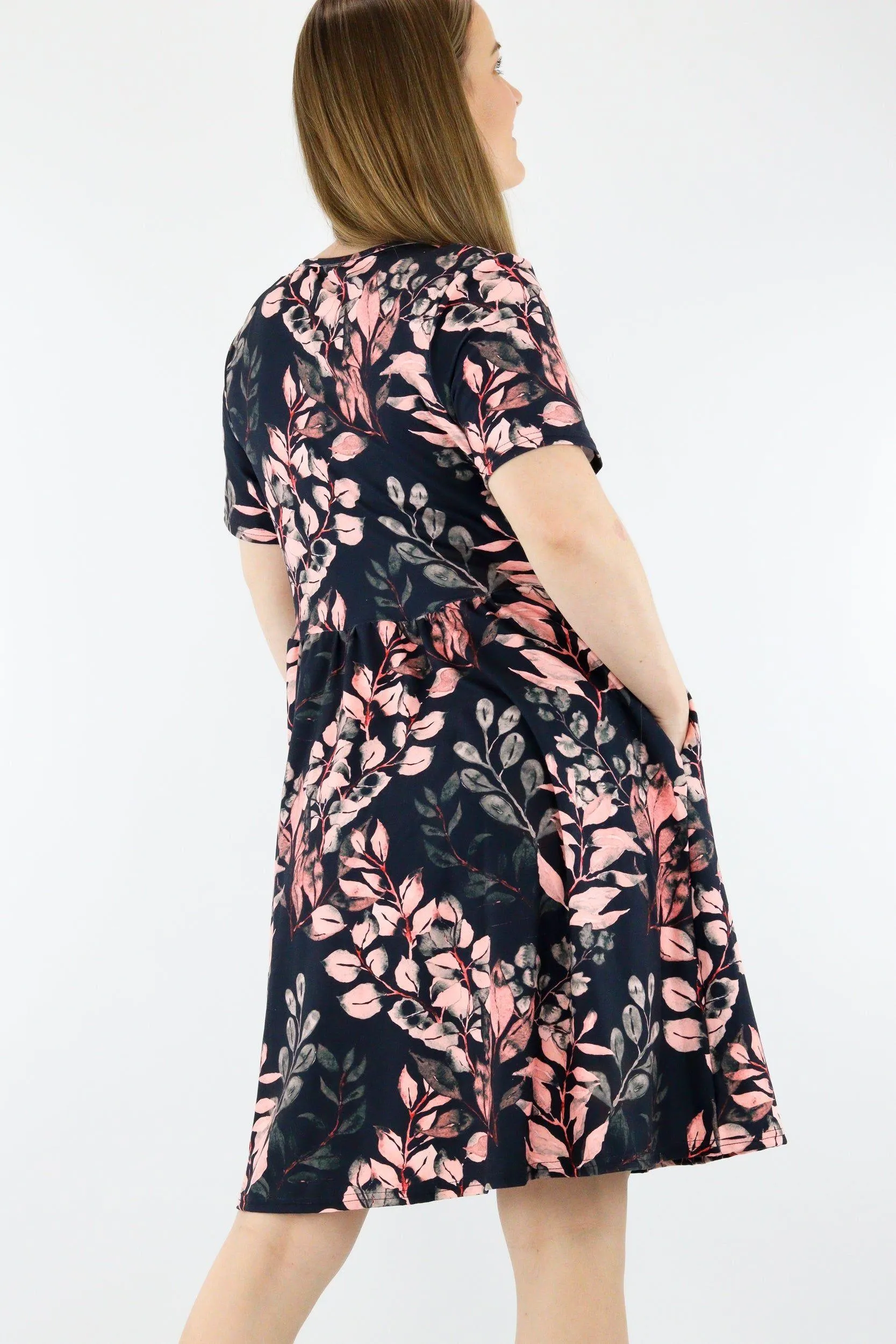 Vintage Watercolour Leaves - Short Sleeve Skater Dress - Knee Length - Side Pockets