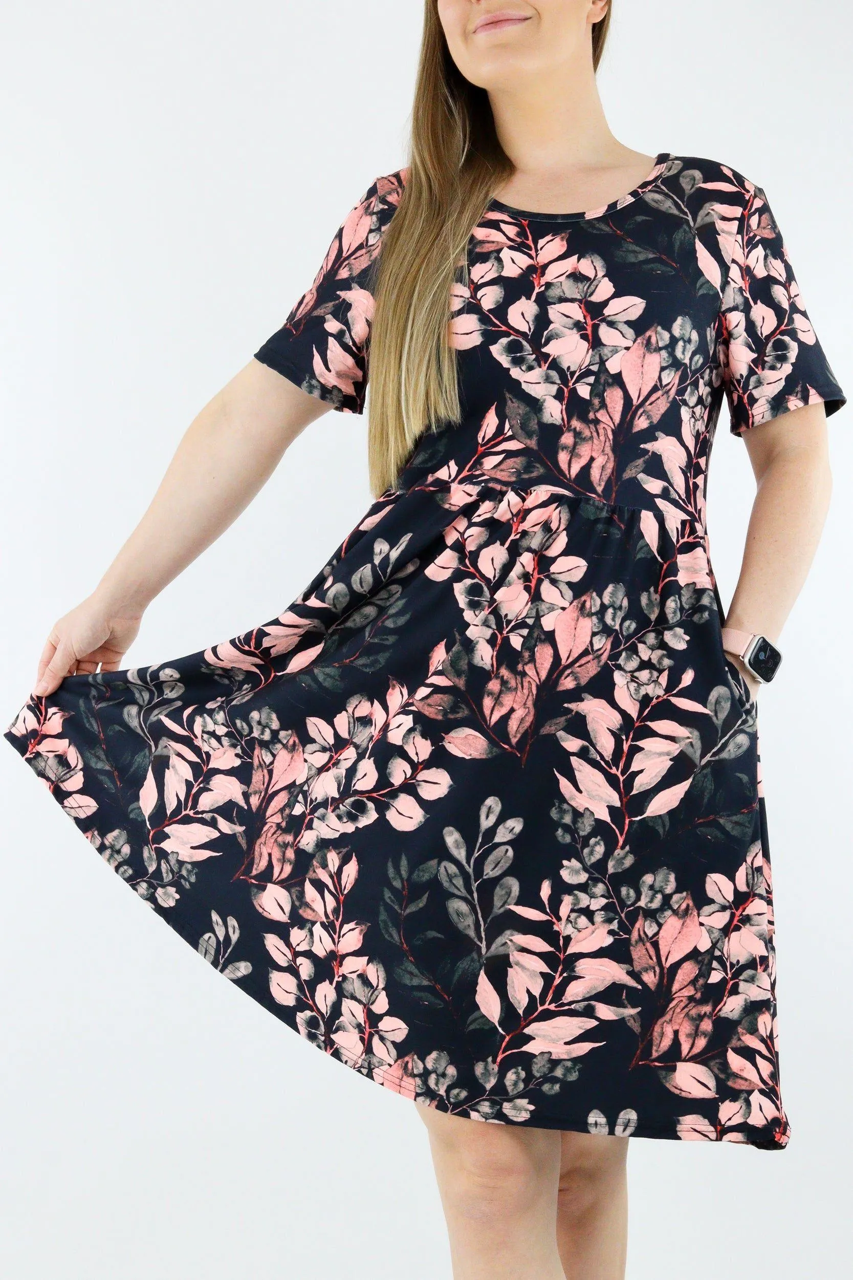 Vintage Watercolour Leaves - Short Sleeve Skater Dress - Knee Length - Side Pockets