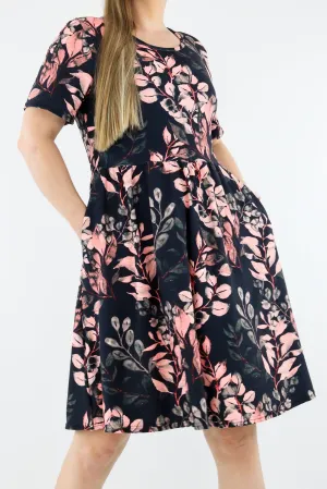 Vintage Watercolour Leaves - Short Sleeve Skater Dress - Knee Length - Side Pockets