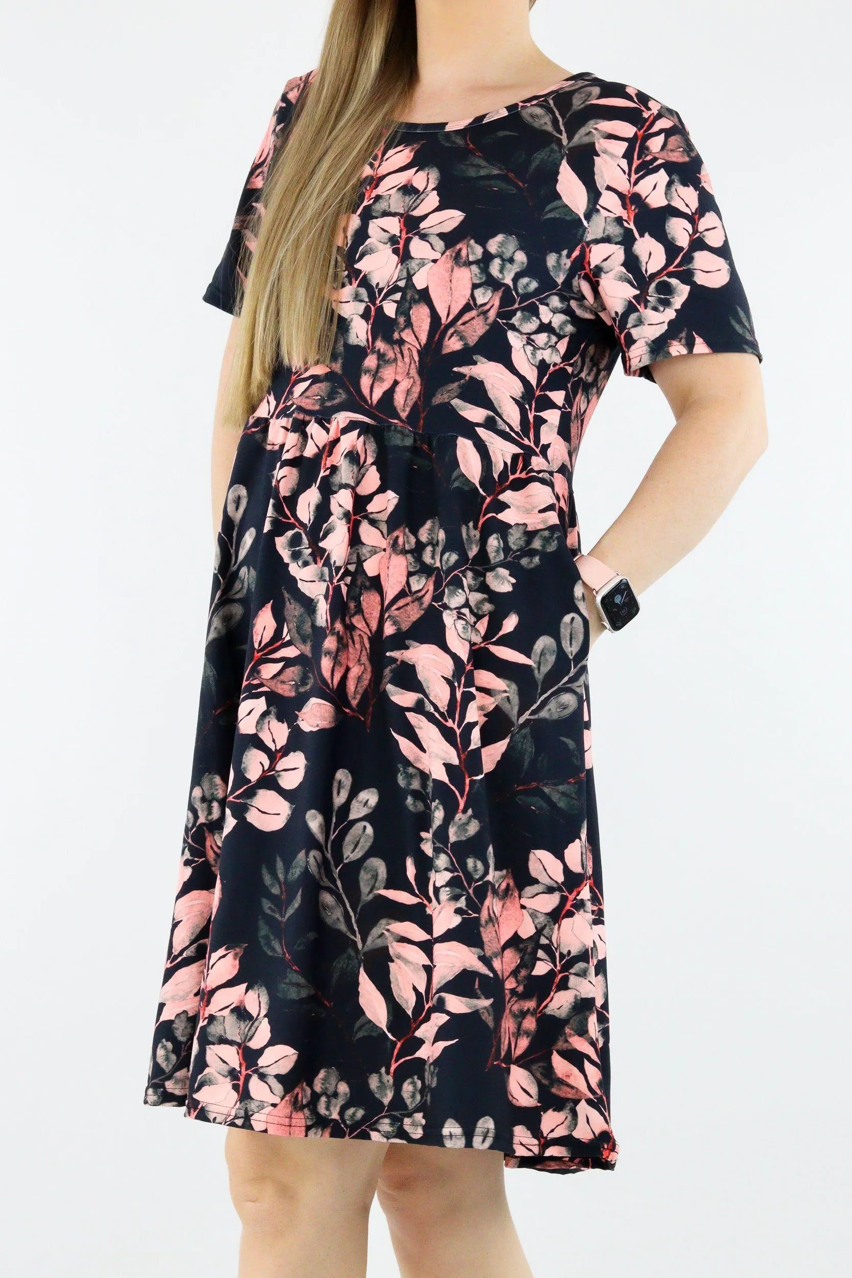 Vintage Watercolour Leaves - Short Sleeve Skater Dress - Knee Length - Side Pockets