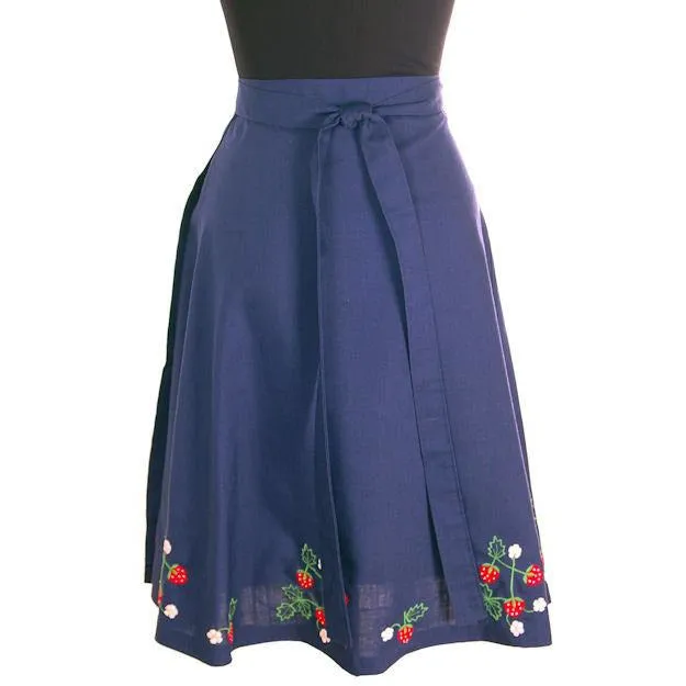 Vintage Wrap Skirt Strawberries Embroidery Cotton 1970s S-M