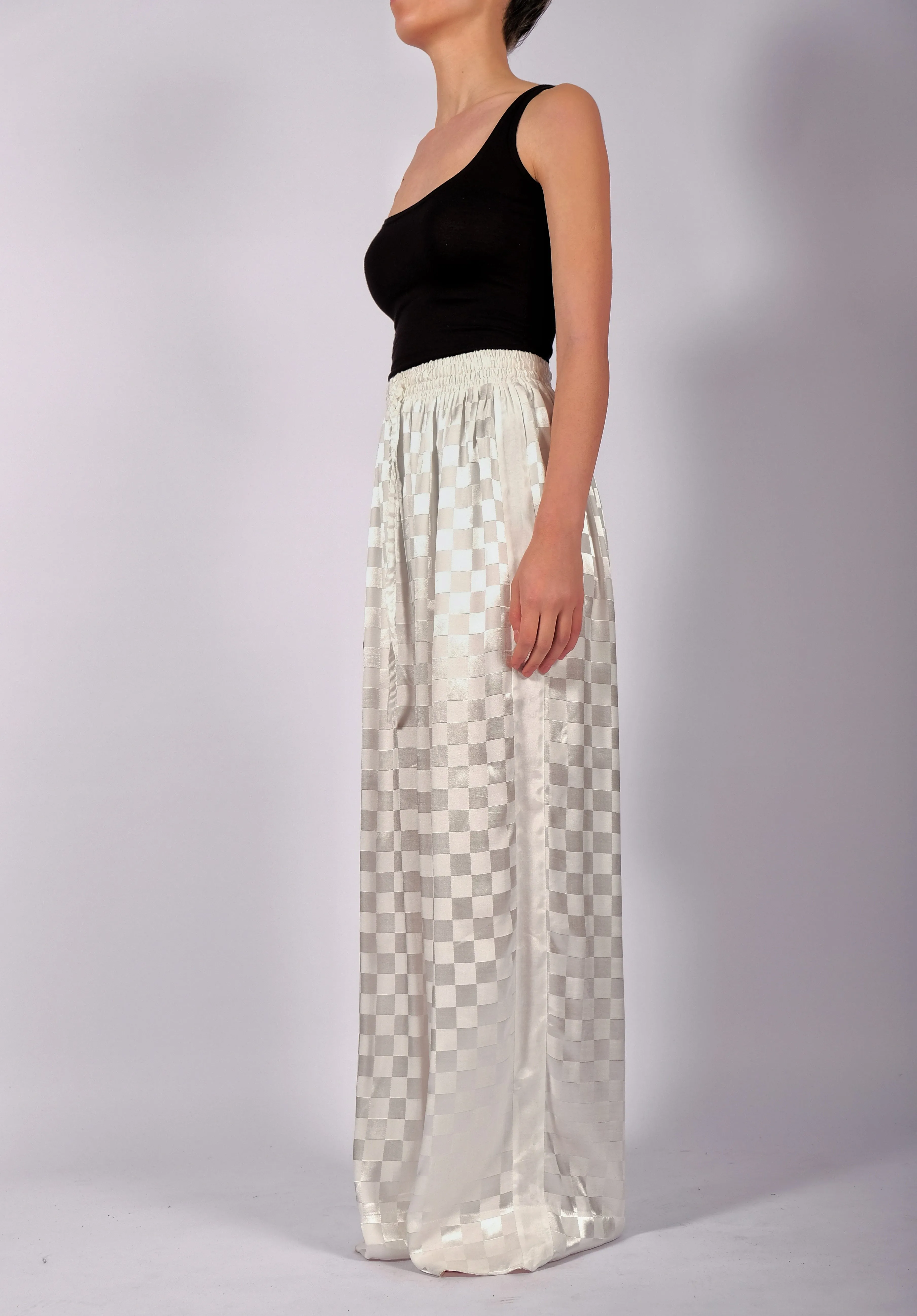 White Checkered Wide Trousers