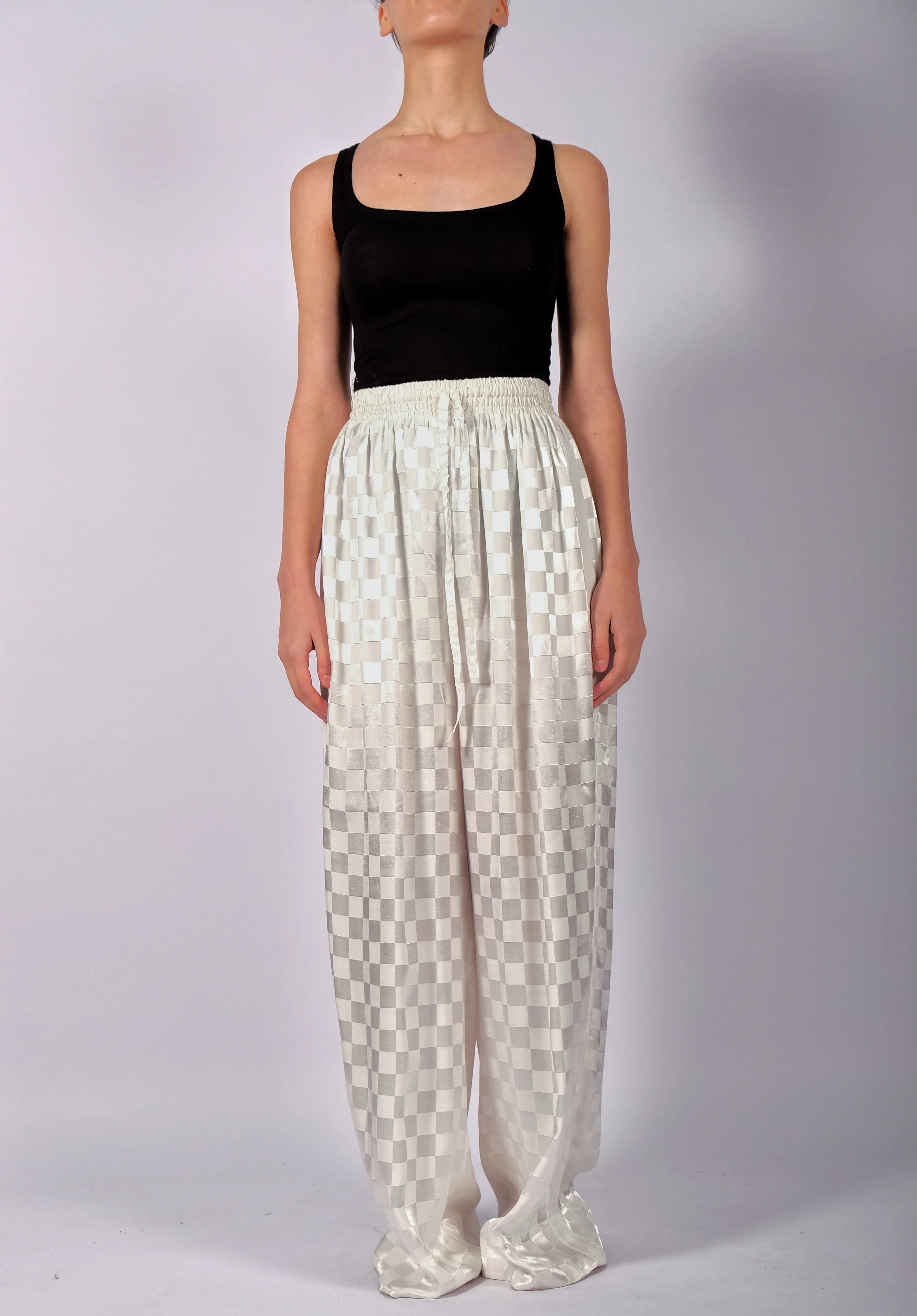 White Checkered Wide Trousers