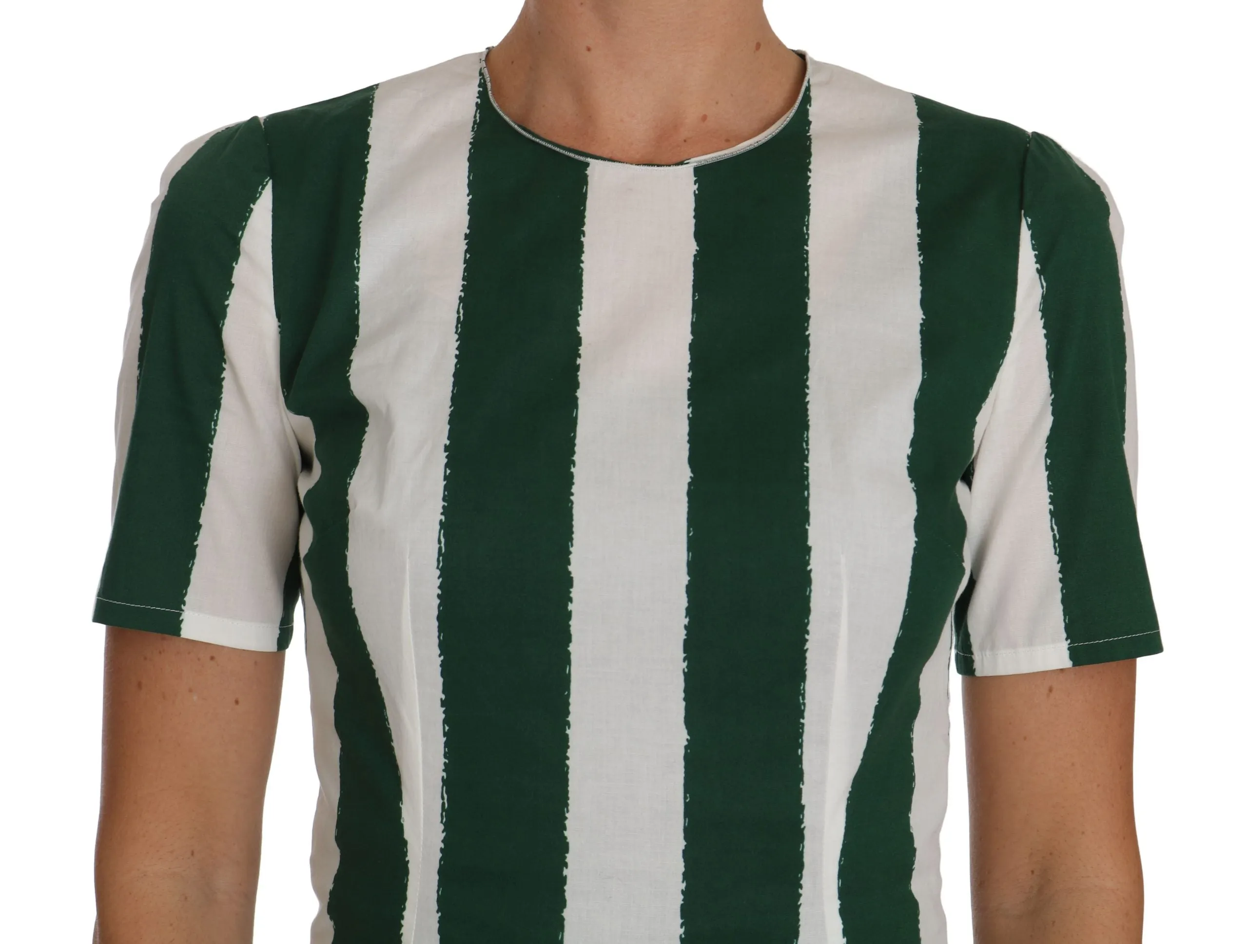 White Green Striped Printed Blouse Top
