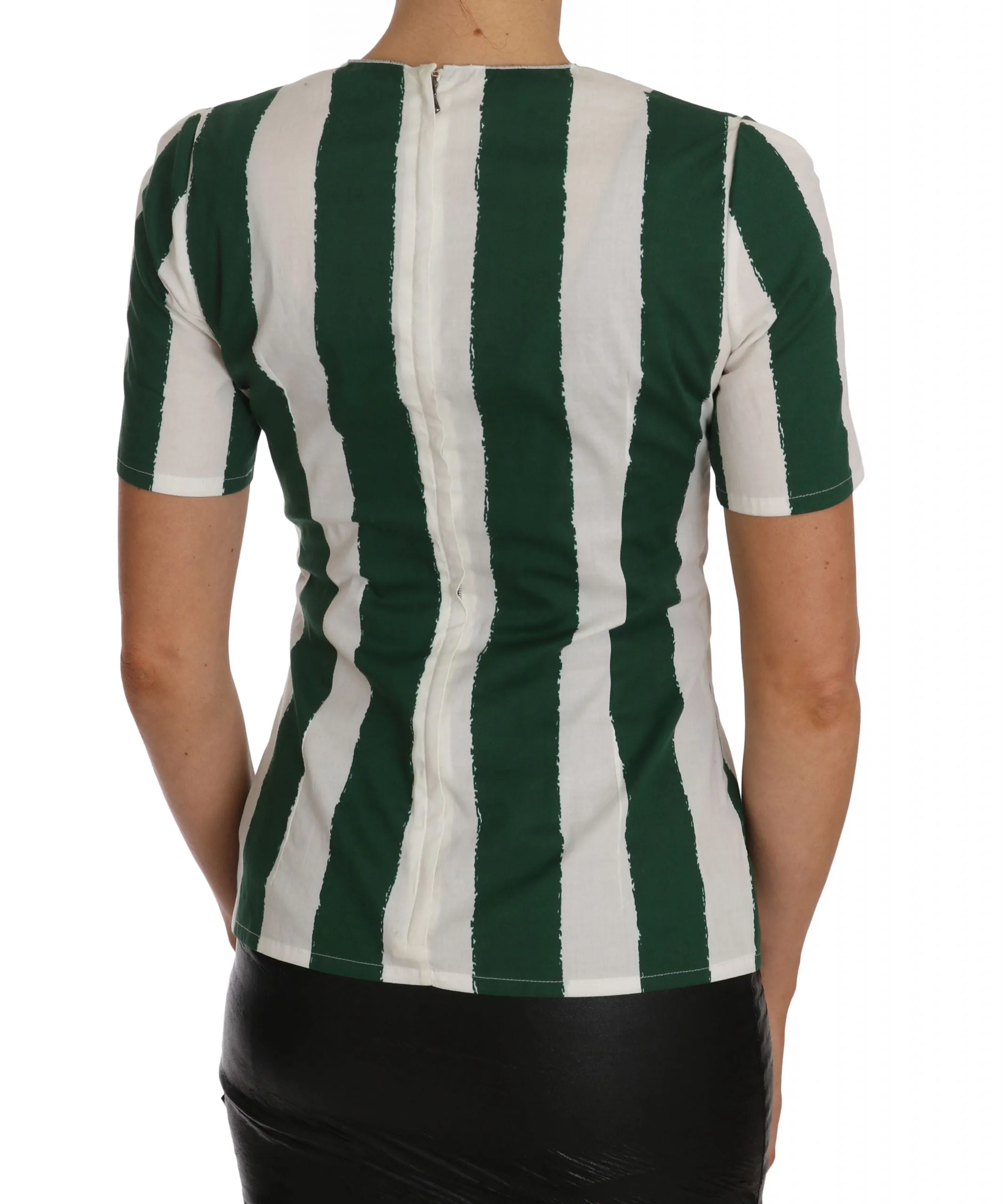 White Green Striped Printed Blouse Top