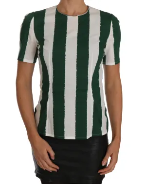 White Green Striped Printed Blouse Top