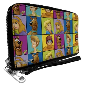 Wholesale PU Zip Around Wallet Rectangle - Scooby Doo 5-Character Face Blocks Multi Color