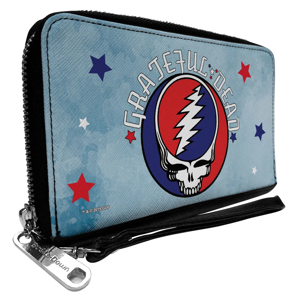 Wholesale Women's PU Zip Around Wallet Rectangle - GRATEFUL DEAD Steal Your Face Logo Stars Blues White Red