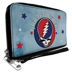 Wholesale Women's PU Zip Around Wallet Rectangle - GRATEFUL DEAD Steal Your Face Logo Stars Blues White Red