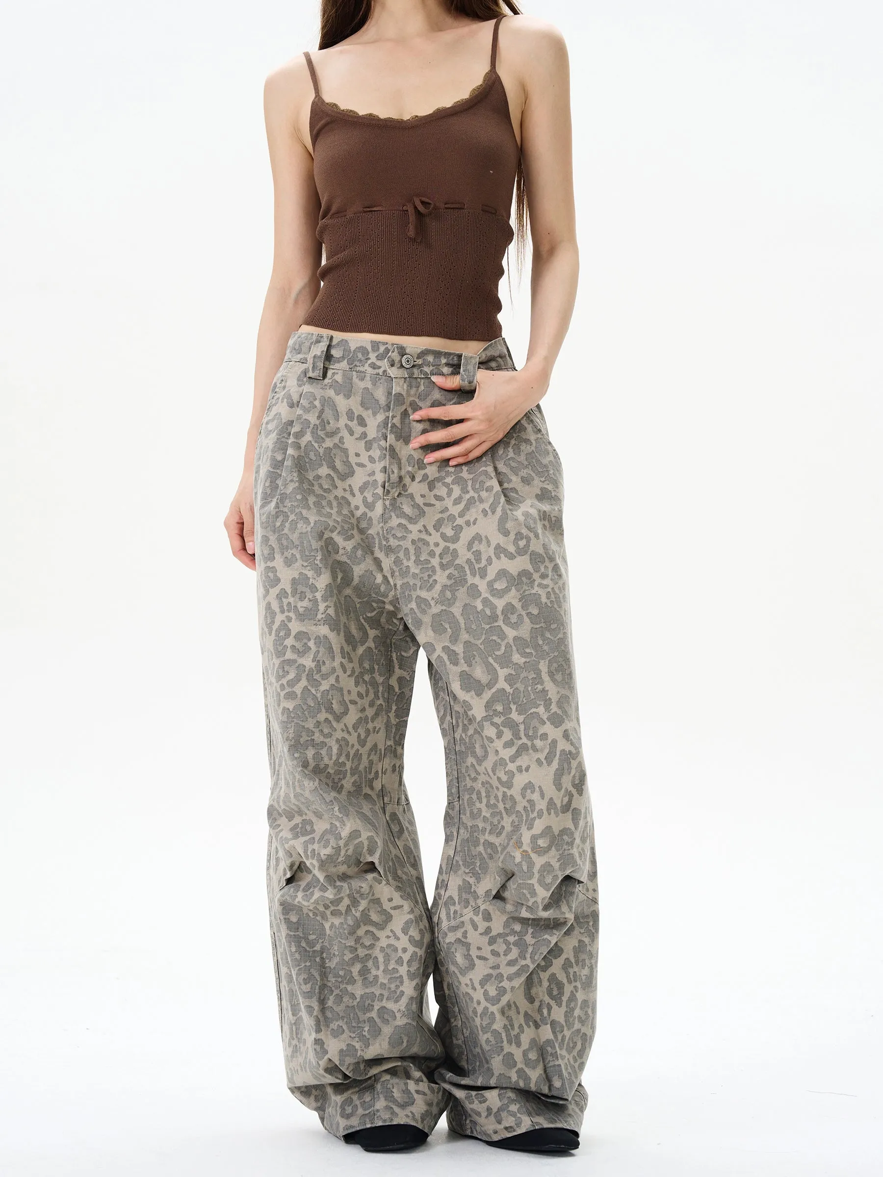 Wide-leg Straight Leopard Print Pants