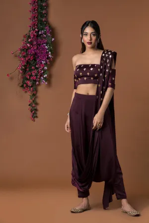 Wine Crop Top With Low Crotch Dhoti Sari