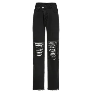 Women Ripped High Waisted Denim Pants Vintage Holes