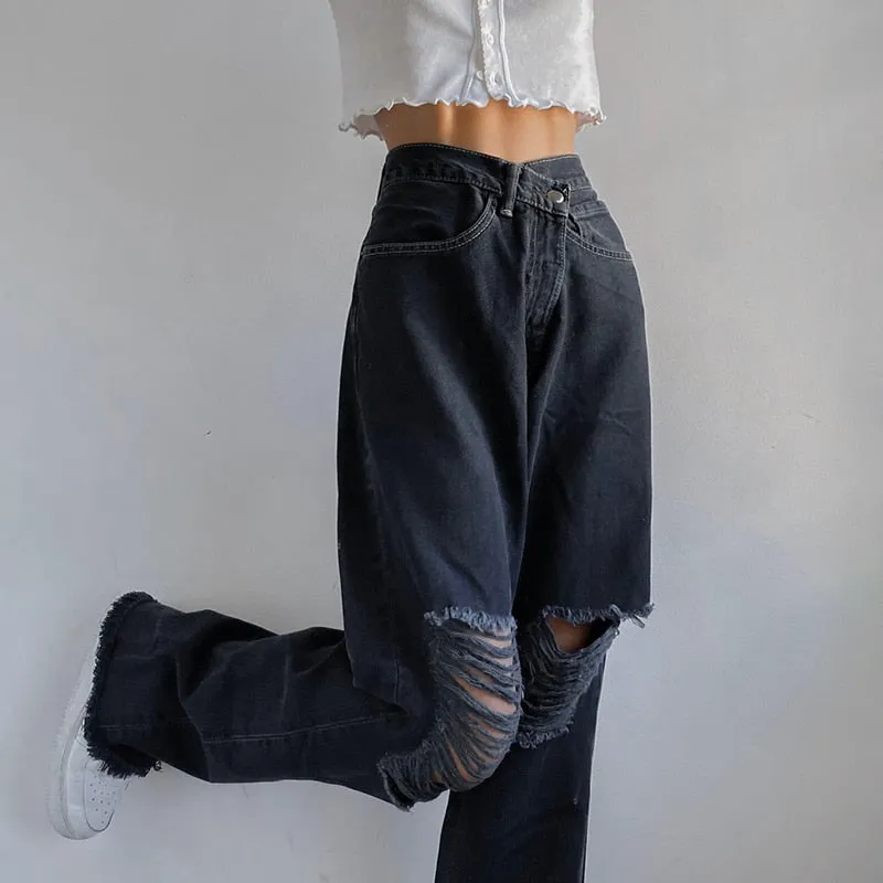 Women Ripped High Waisted Denim Pants Vintage Holes