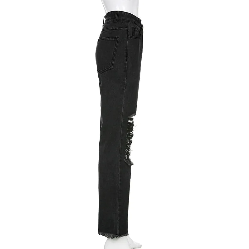 Women Ripped High Waisted Denim Pants Vintage Holes