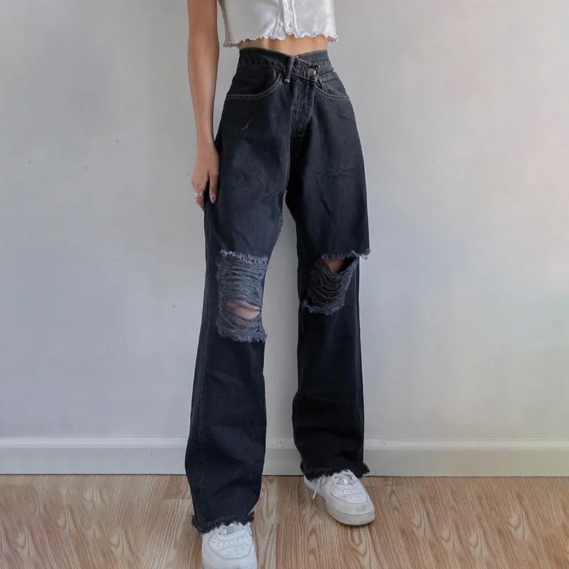 Women Ripped High Waisted Denim Pants Vintage Holes