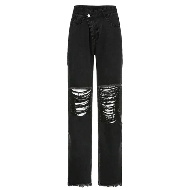 Women Ripped High Waisted Denim Pants Vintage Holes