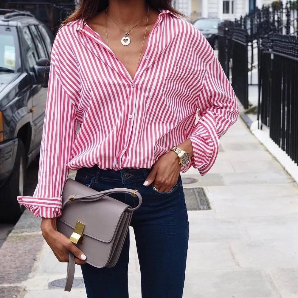 Women Striped Long Sleeve Blouse Shirt