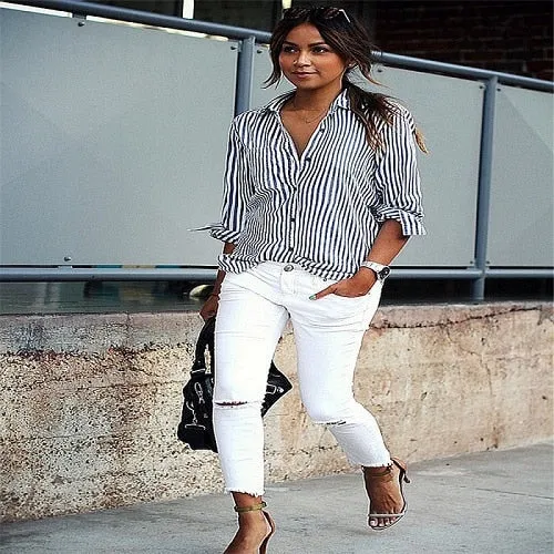 Women Striped Long Sleeve Blouse Shirt
