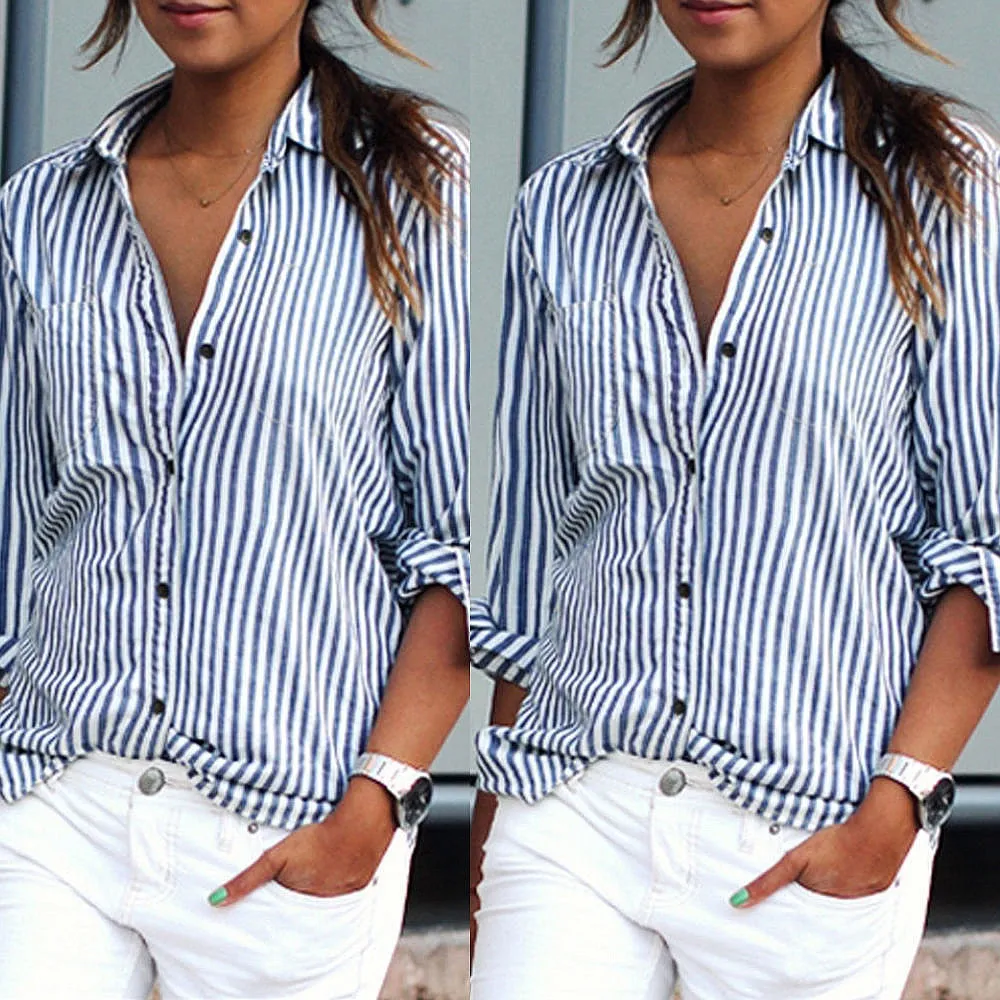 Women Striped Long Sleeve Blouse Shirt