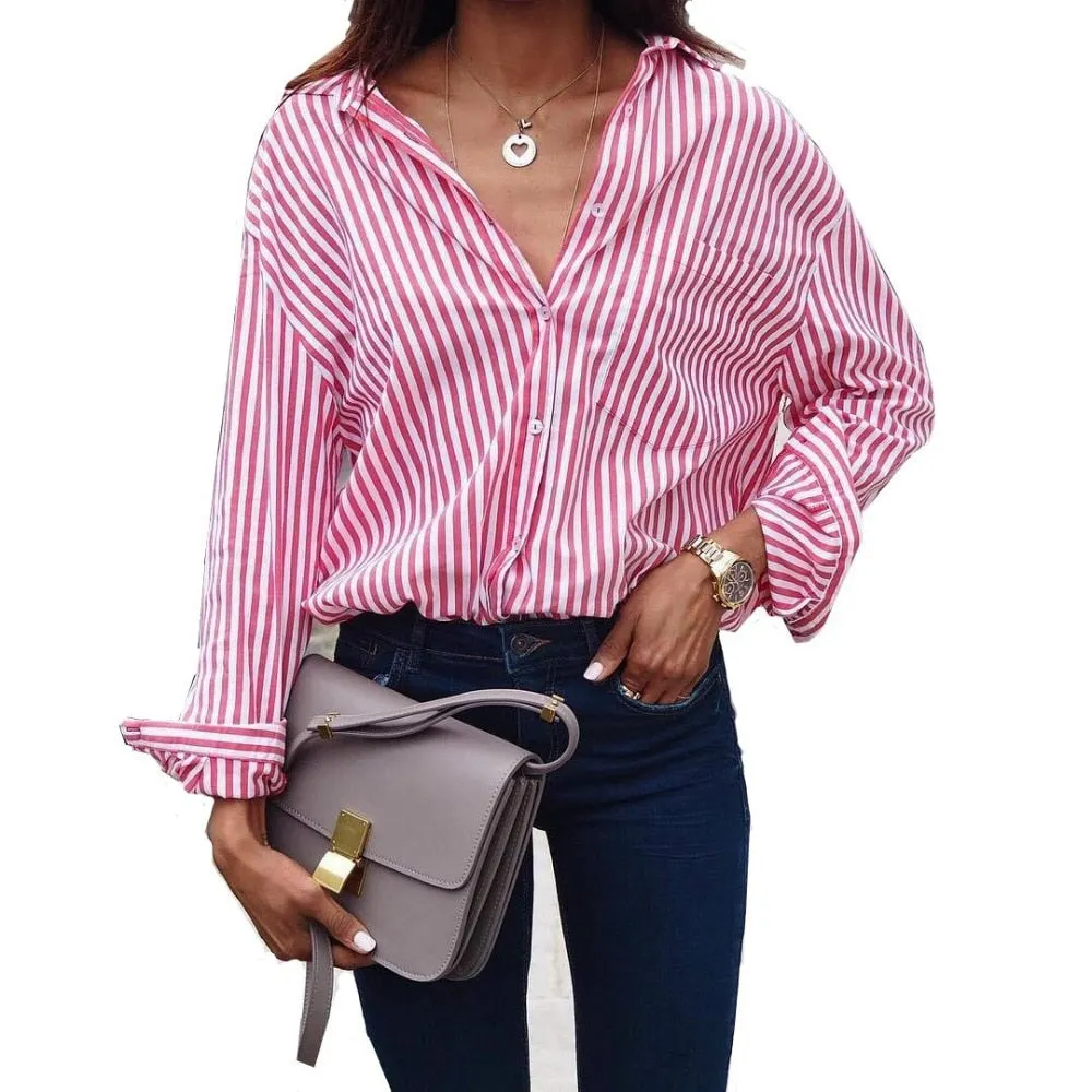 Women Striped Long Sleeve Blouse Shirt