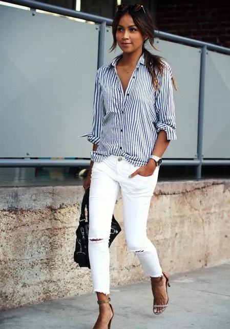 Women Striped Long Sleeve Blouse Shirt