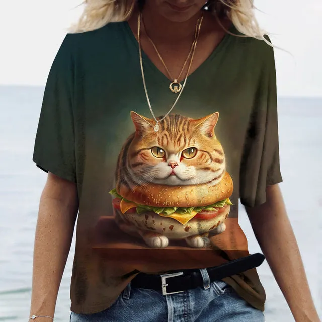 Women V-Neck Top Cats Print Shirt Tee