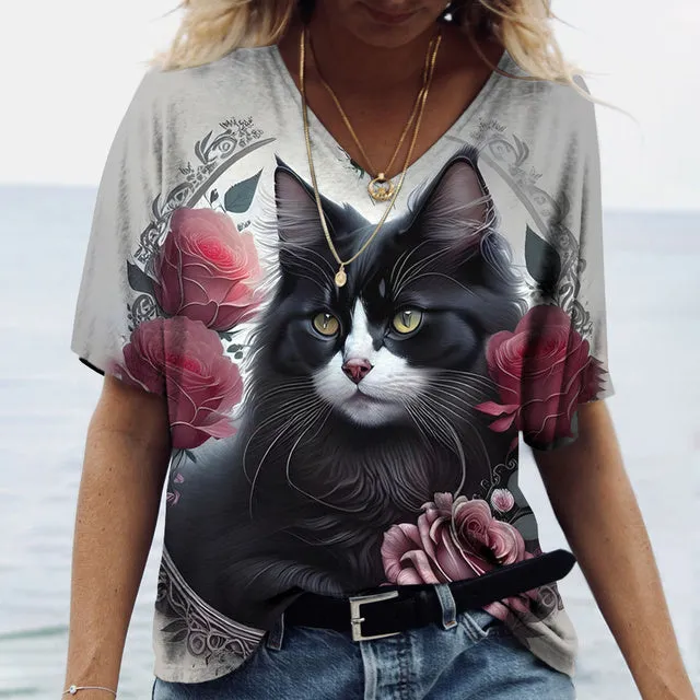 Women V-Neck Top Cats Print Shirt Tee