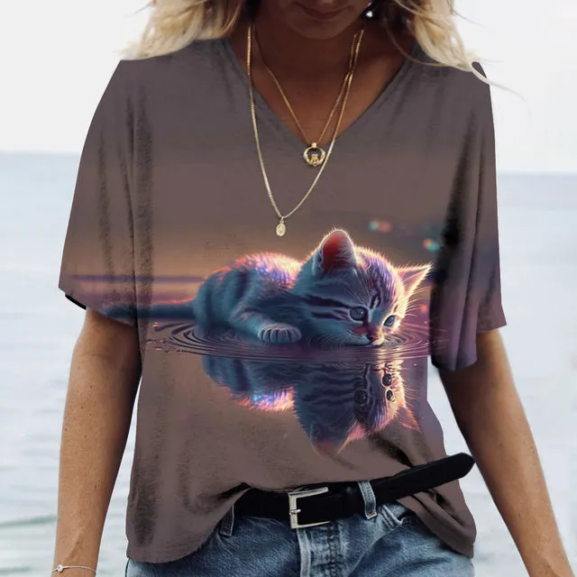 Women V-Neck Top Cats Print Shirt Tee