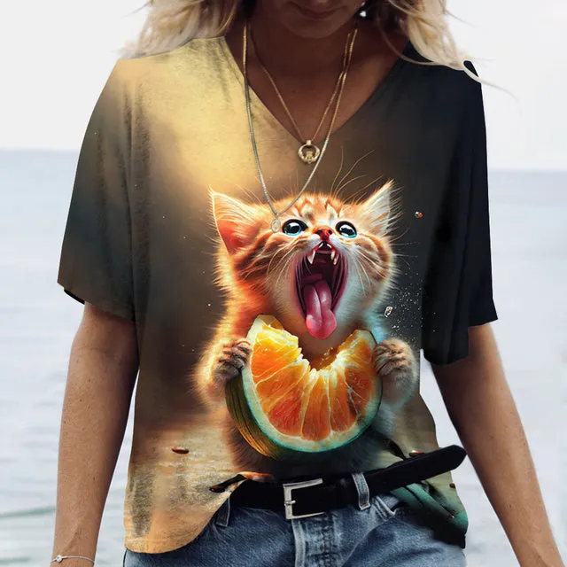 Women V-Neck Top Cats Print Shirt Tee