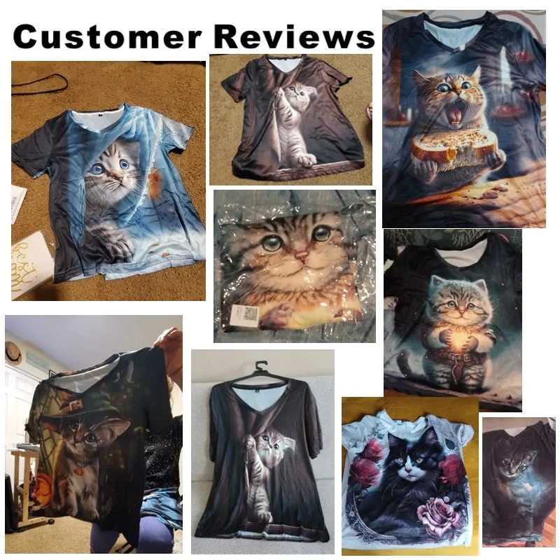 Women V-Neck Top Cats Print Shirt Tee